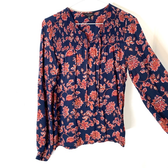 Lucky Brand Womens Bohemian Navy Rose Floral Long Sleeve Blouse Size Small - Picture 4 of 8